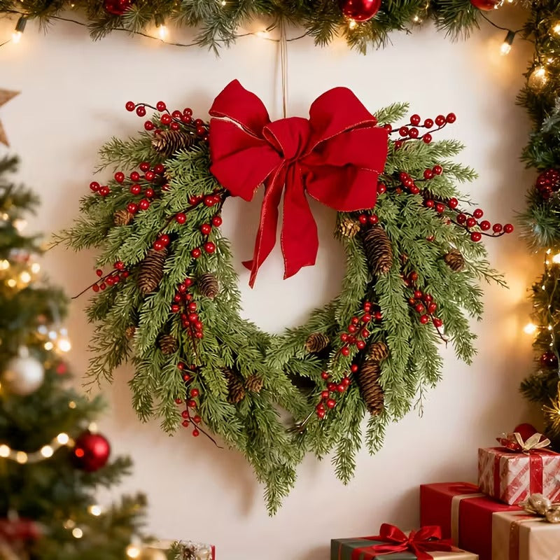 Pine Needle Red Berry Wreath with Heart Bow-3