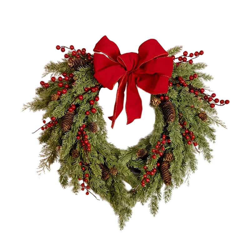 Pine Needle Red Berry Wreath with Heart Bow-0