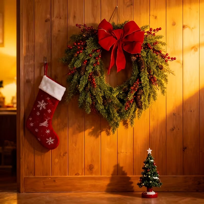 Pine Needle Red Berry Wreath with Heart Bow-4