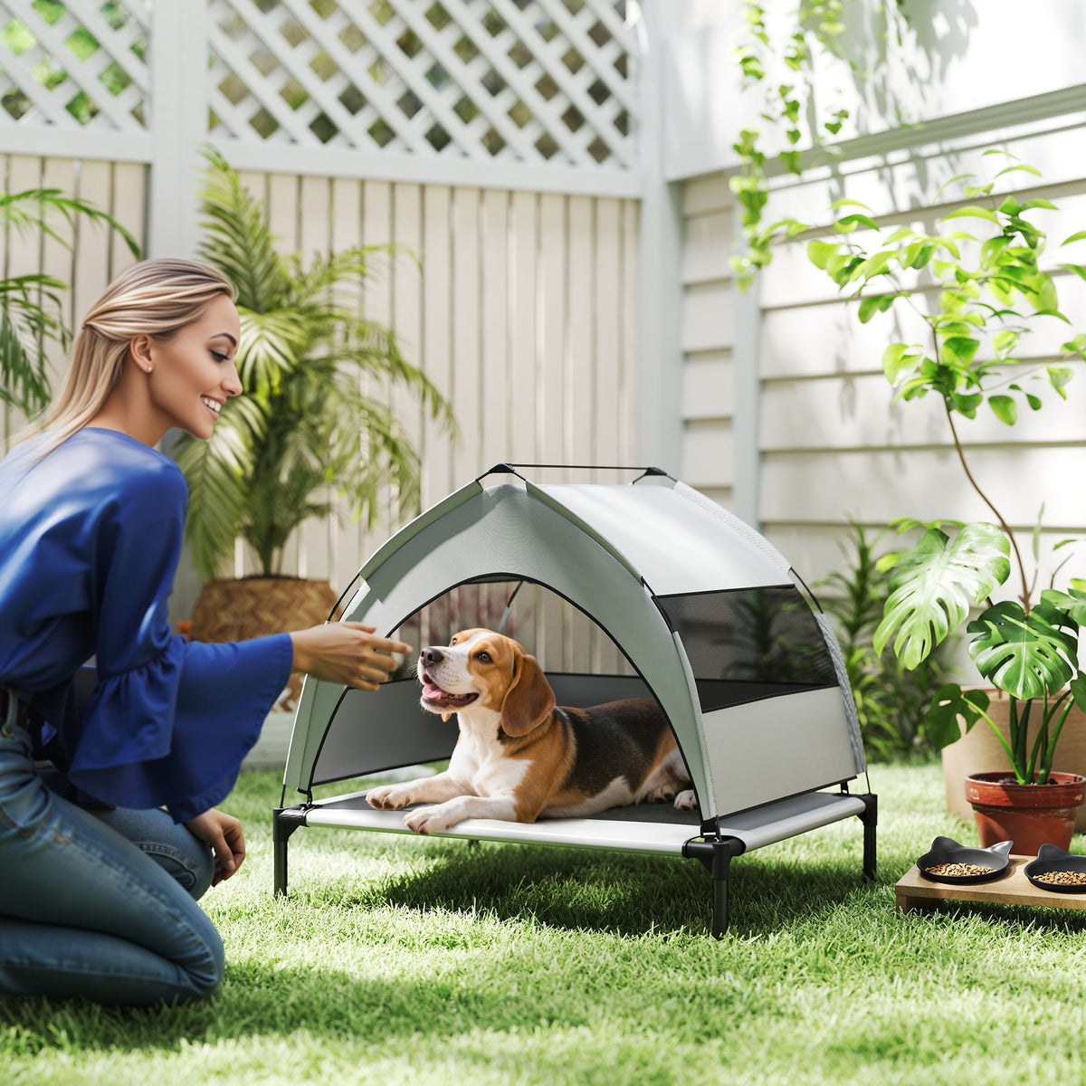 Lit pour Chien Surélevé Tente pour Chien avec Auvent Tente 3 Côtés Respirant Textilène Sac 76x61x70cm Gris Clair