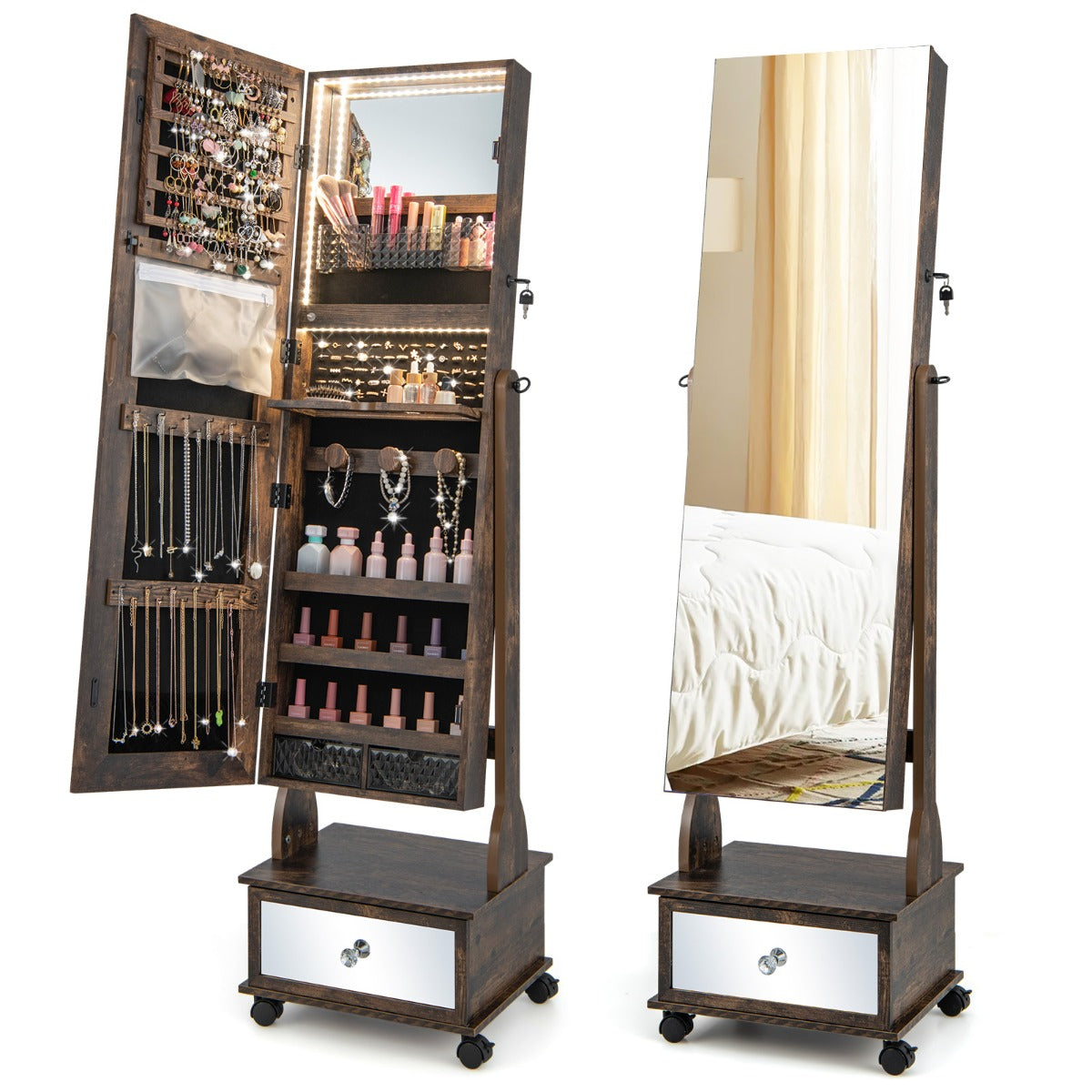 NNECW 159 CM Lockable Jewelry Organizer with 3-Color LED Lights-Brown-1