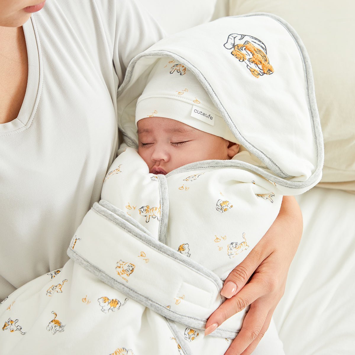 Lively Tiger Light Cotton Baby White Swaddle Wrap-1