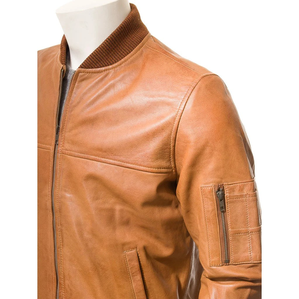 MENS TAN LEATHER BOMBER JACKET BURNS - L