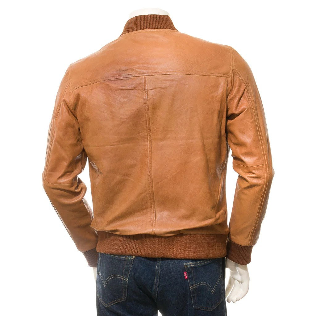 MENS TAN LEATHER BOMBER JACKET BURNS - M