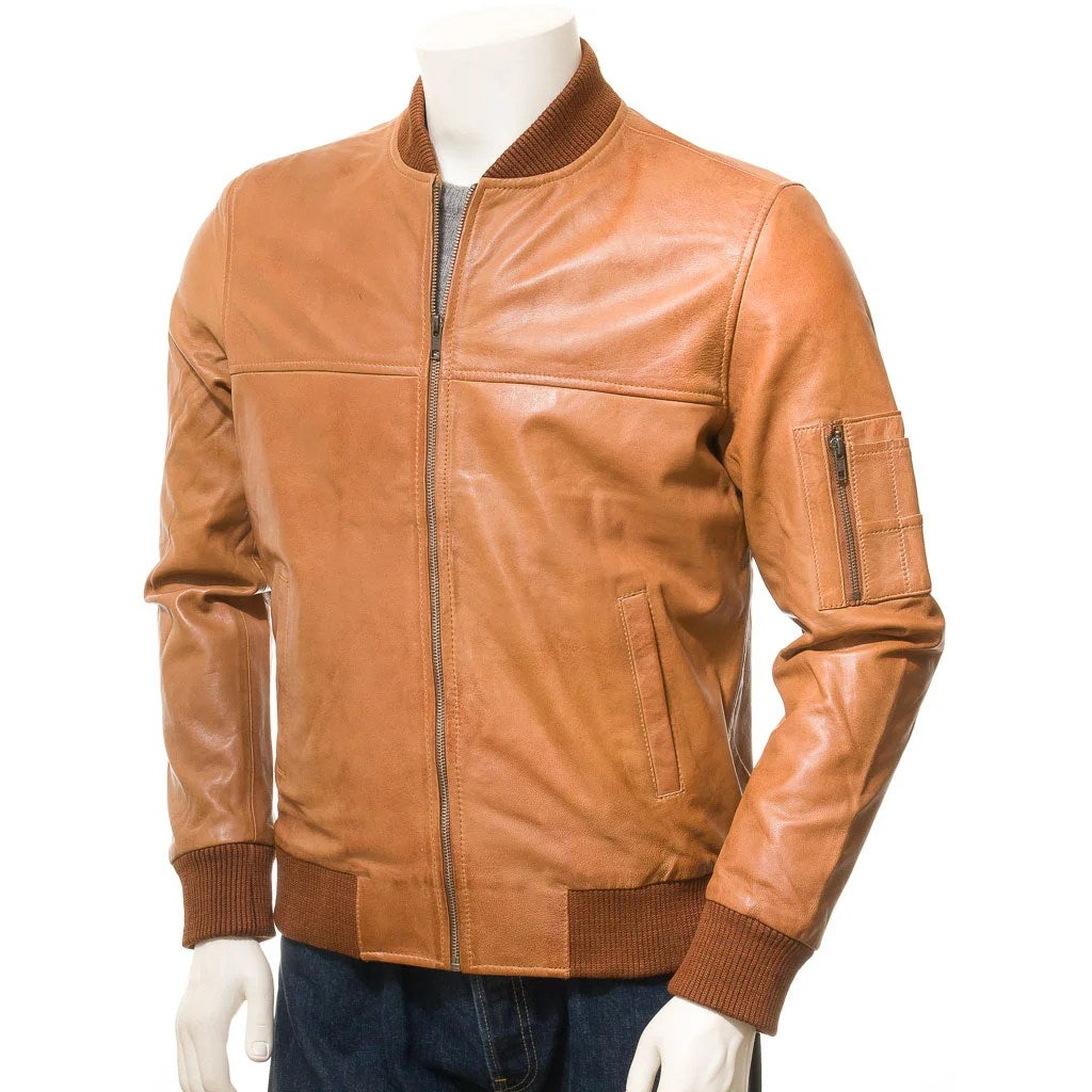 MENS TAN LEATHER BOMBER JACKET BURNS - S
