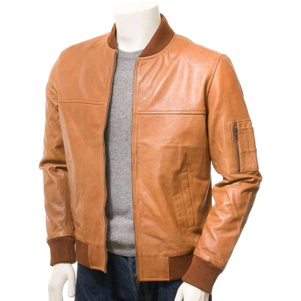 MENS TAN LEATHER BOMBER JACKET BURNS