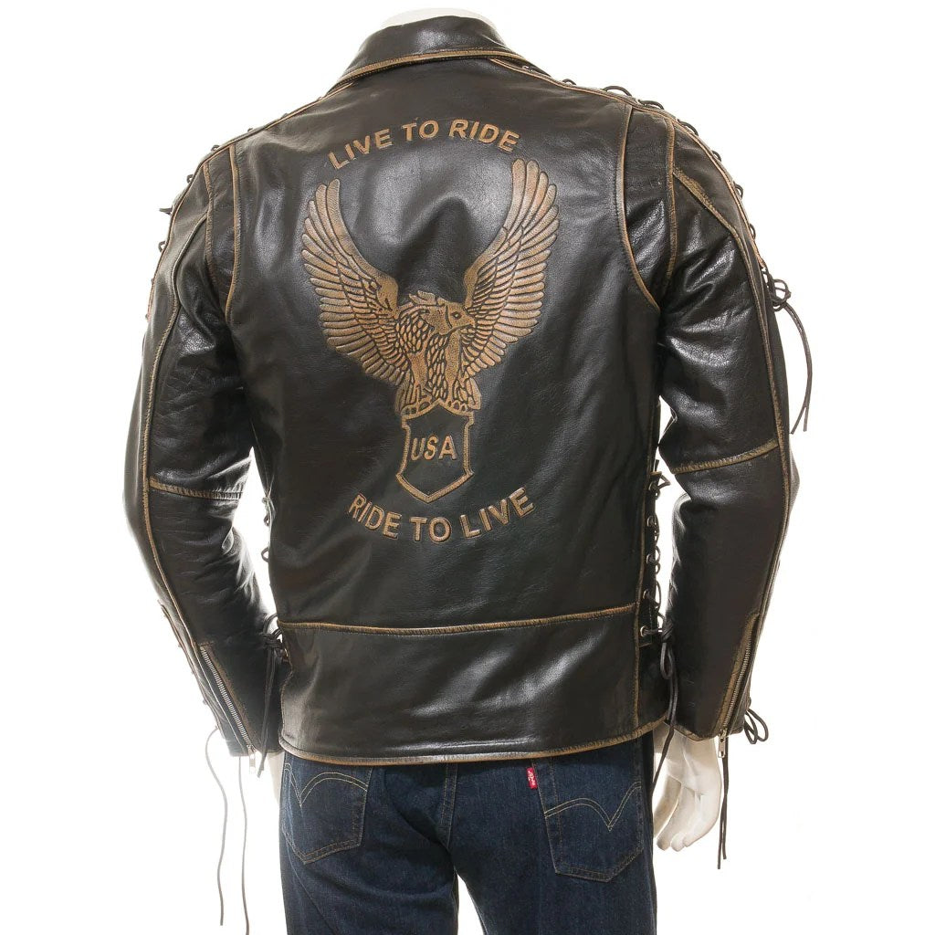 MENS VINTAGE LEATHER BIKER JACKET PITCHER - M