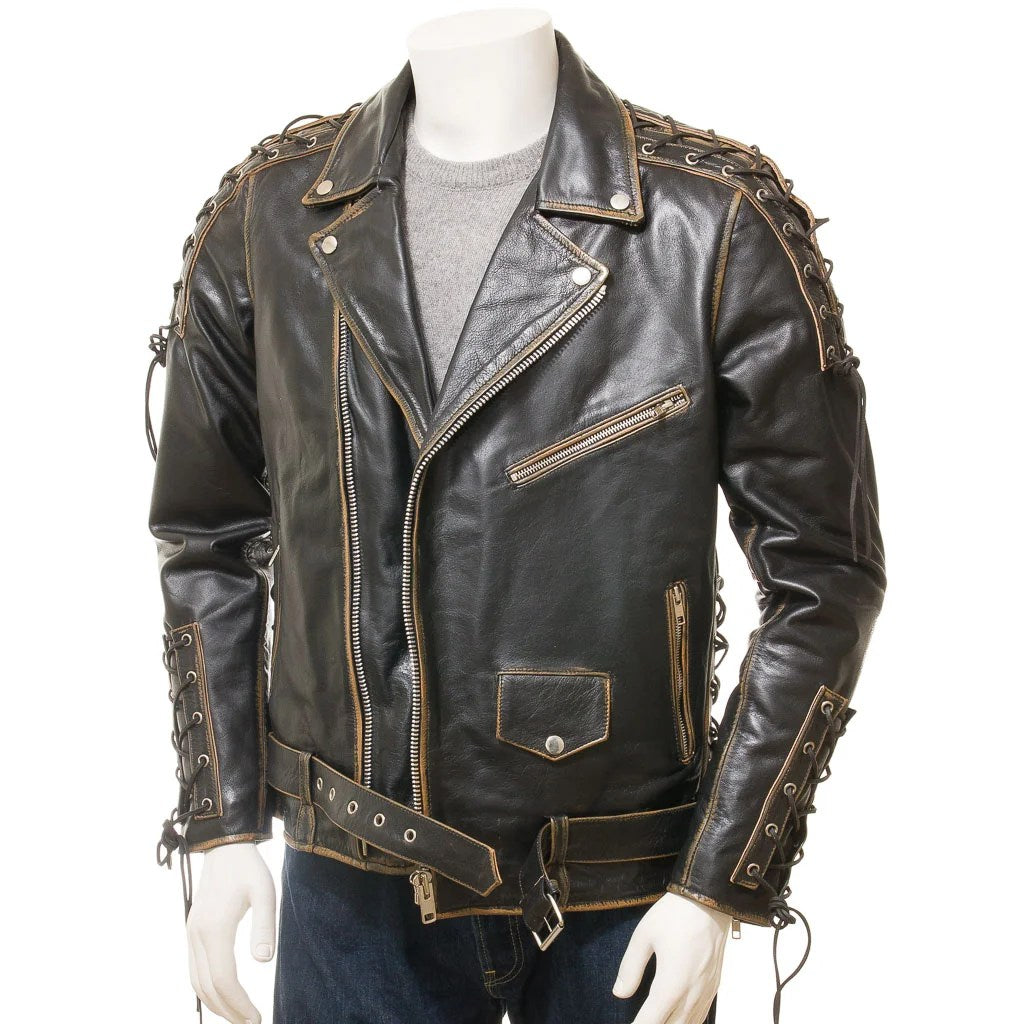MENS VINTAGE LEATHER BIKER JACKET PITCHER - S