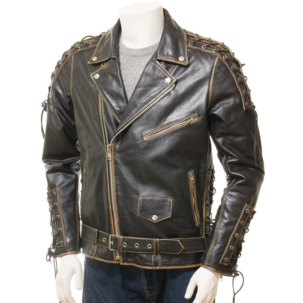 MENS VINTAGE LEATHER BIKER JACKET PITCHER