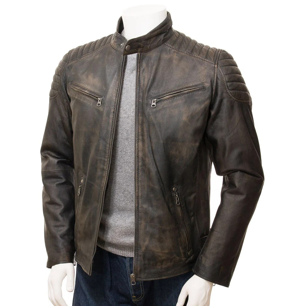 MENS VINTAGE LEATHER BIKER JACKET PRESTON - S