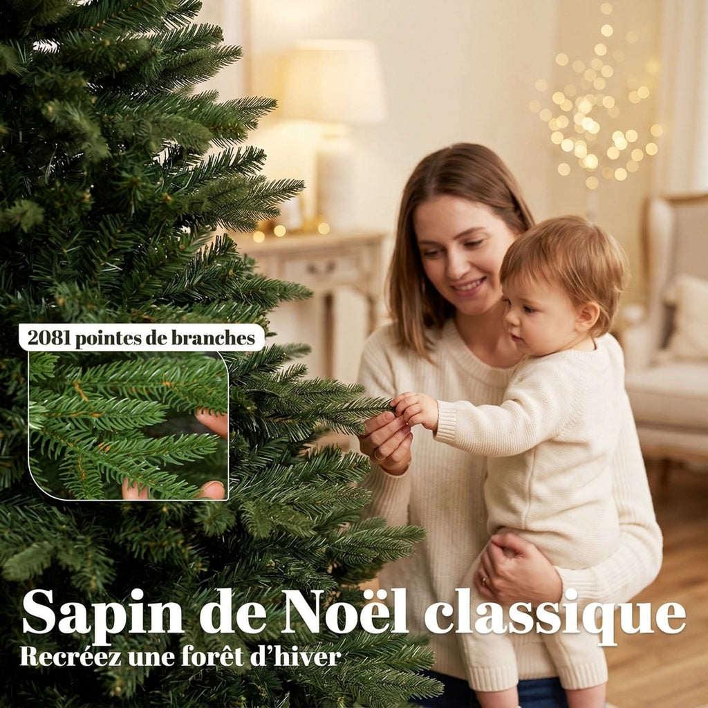 Sapin de Noël Artificiel 180 cm, Arbre de Noël, 2081 Branches Articulées en PE et PVC Ignifuge, Support en Bois Robuste