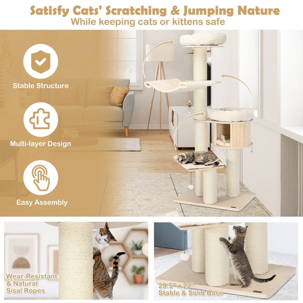NNECW 4-Layer Solid Wood Cat Tree for Kitten & Adult Cat-2