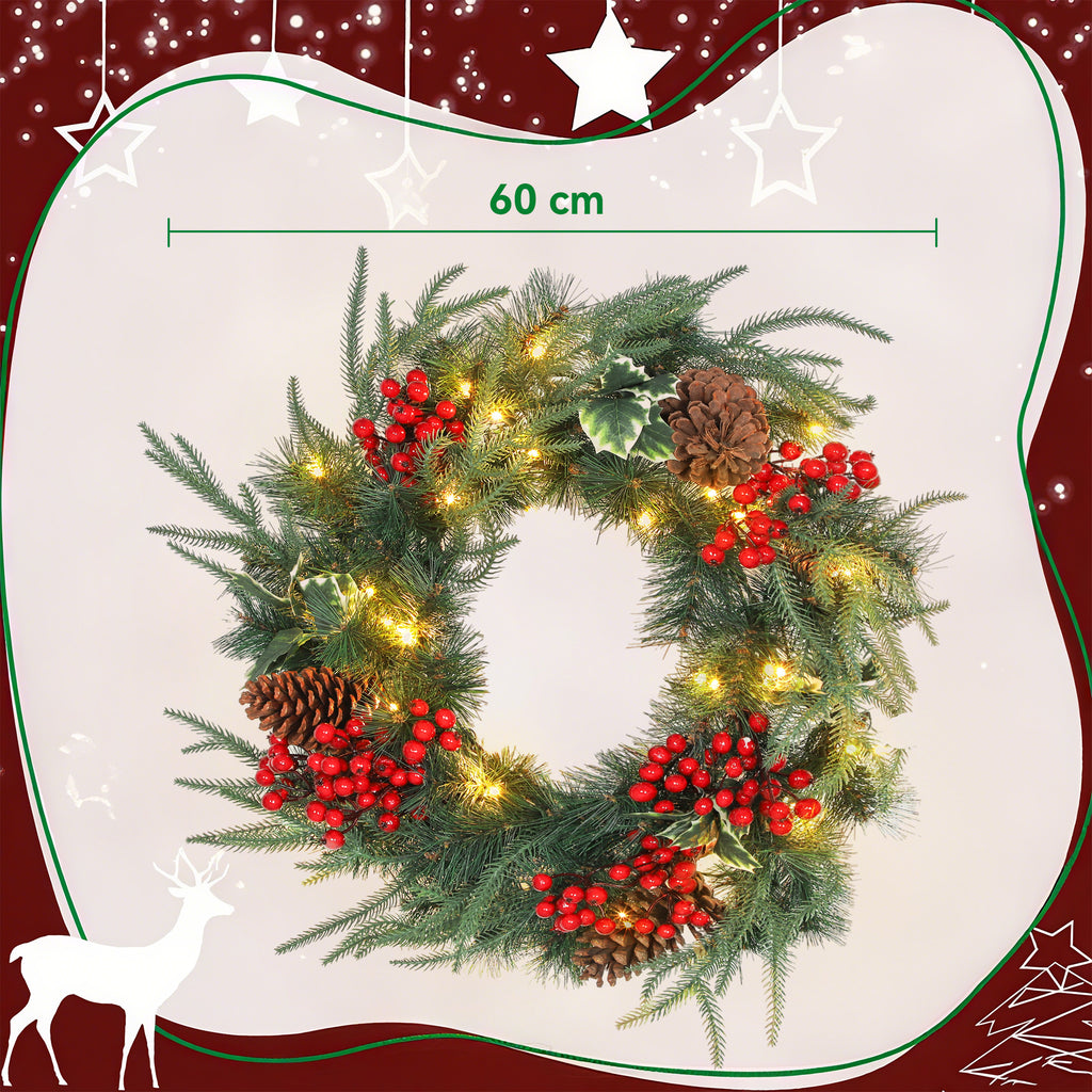 Couronne de Noël lumineuse 60 cm avec 35 LED, minuterie, 170 pointes, pommes de pin, baies, feuilles de houx, vert