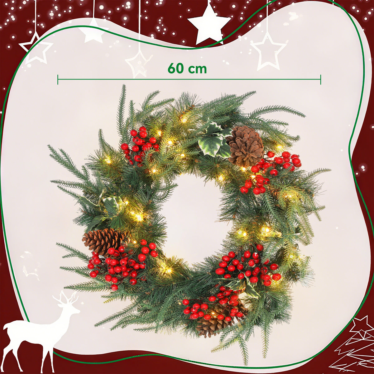 Couronne de Noël lumineuse 60 cm avec 35 LED, minuterie, 170 pointes, pommes de pin, baies, feuilles de houx, vert