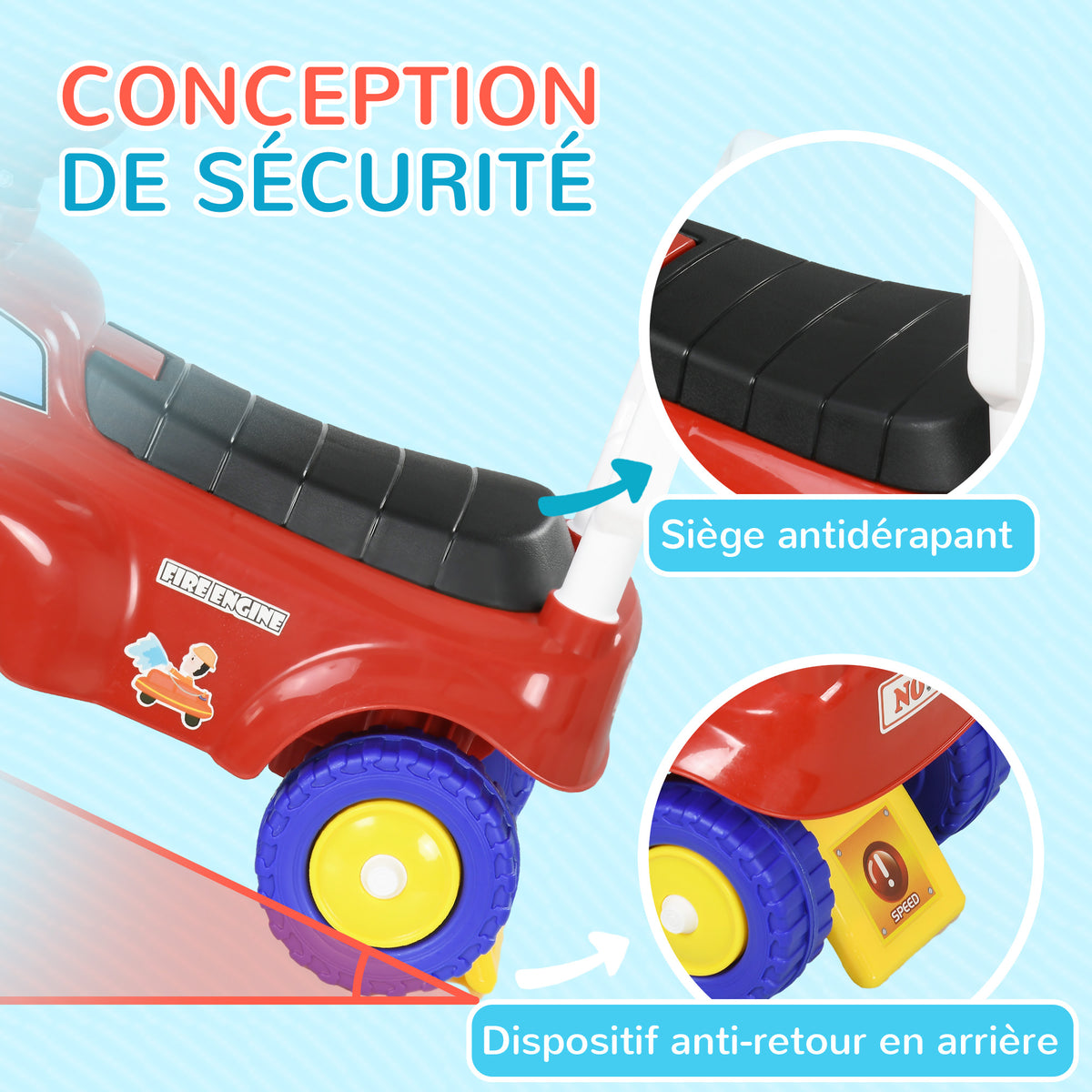 Porteur trotteur Enfants véhicule à pousser camion de pompier 18-36 Mois Coffre phares musique rouge