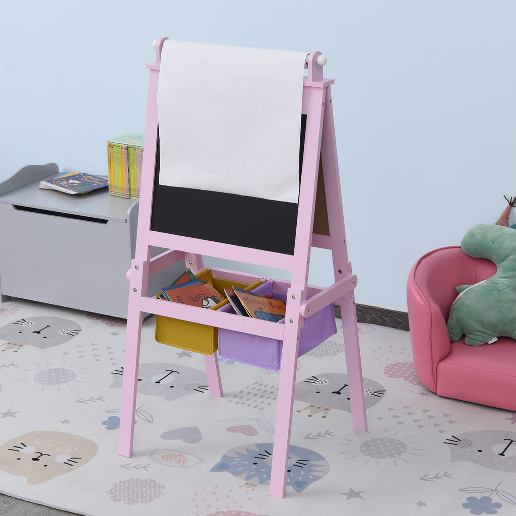 3 en 1 Tableau Enfant - chevalet Enfant - Ardoise Double Face - Tableau Blanc Tableau à Craie - Rouleau Papier avec accessoires + paniers Rangement intégrés - MDF Rose