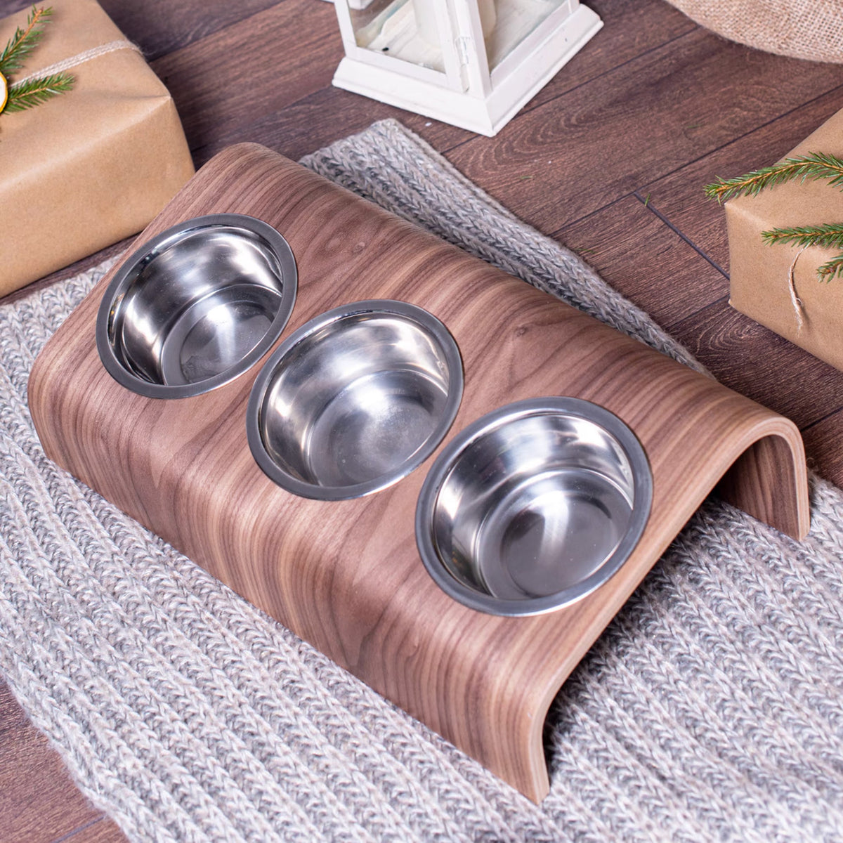 Wooden Elevated Cat and Dog Bowl Stand with 3 Bowls-6