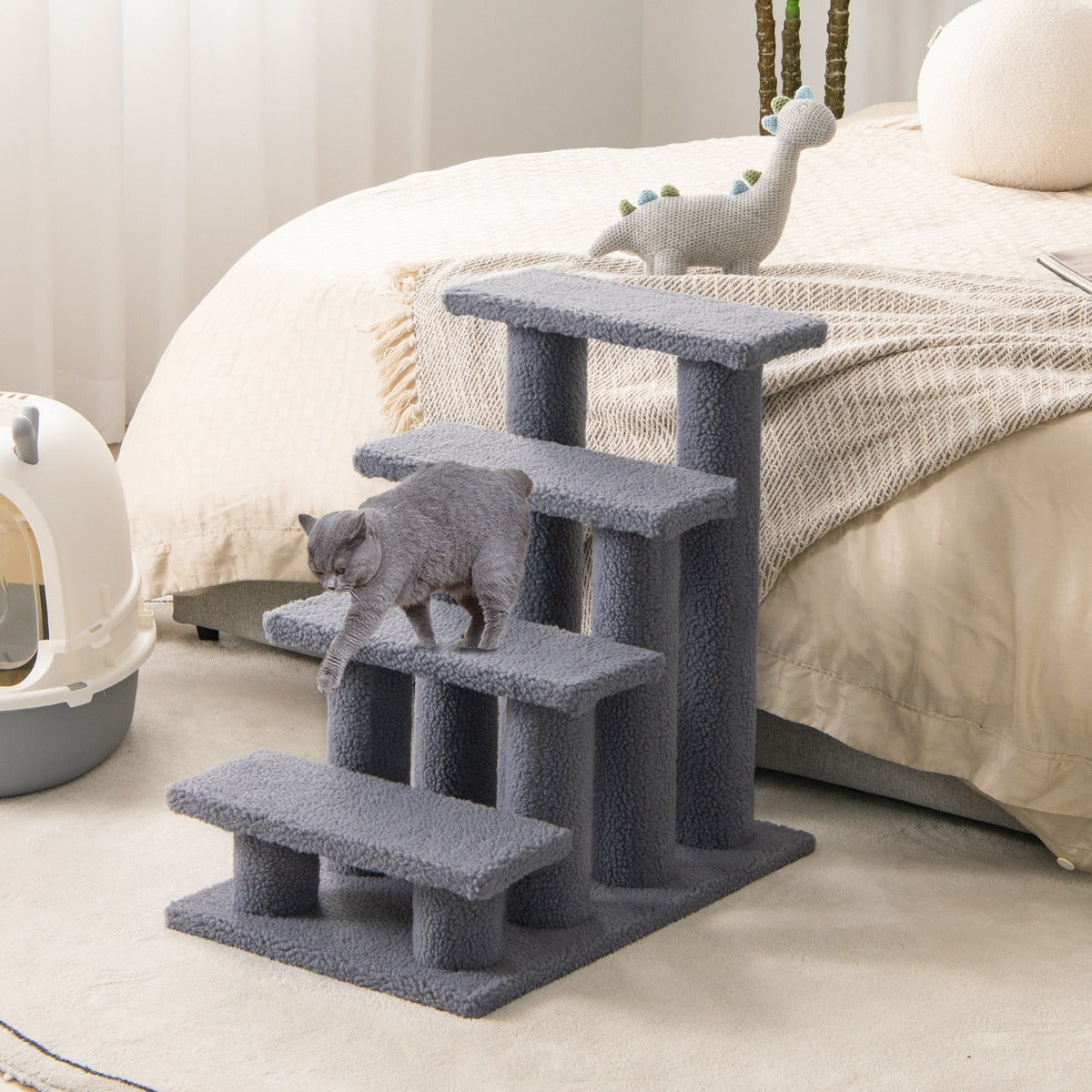NNECW 4-Step Pet Stairs with Portable Design for Cats and Dogs-Grey-4