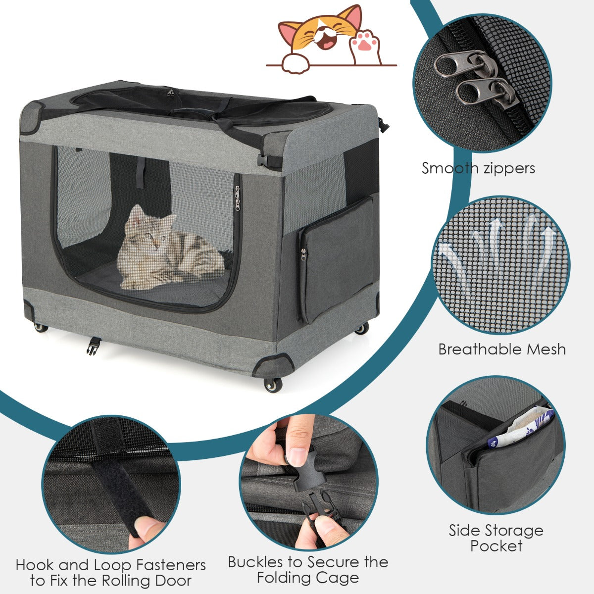 NNECW Large Foldable Cat Racing Cage with Shoulder Strap &amp; Removable Cushion-XL-4