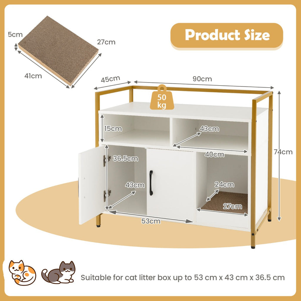 NNECW Cat Litter Box Enclosure with Double Doors &amp; Scratch Cardboard-White-3