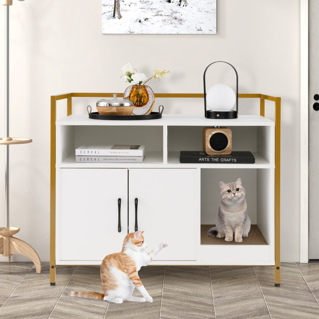 NNECW Cat Litter Box Enclosure with Double Doors &amp; Scratch Cardboard-White-0