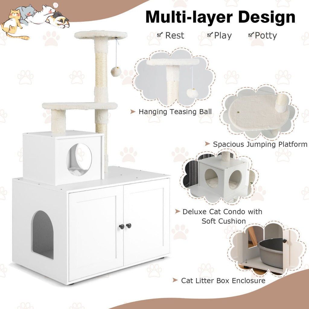NNECW 2-in-1 Cat Tree with Litter Box Enclosure &amp;amp; Sisal Scratching Posts-White-4