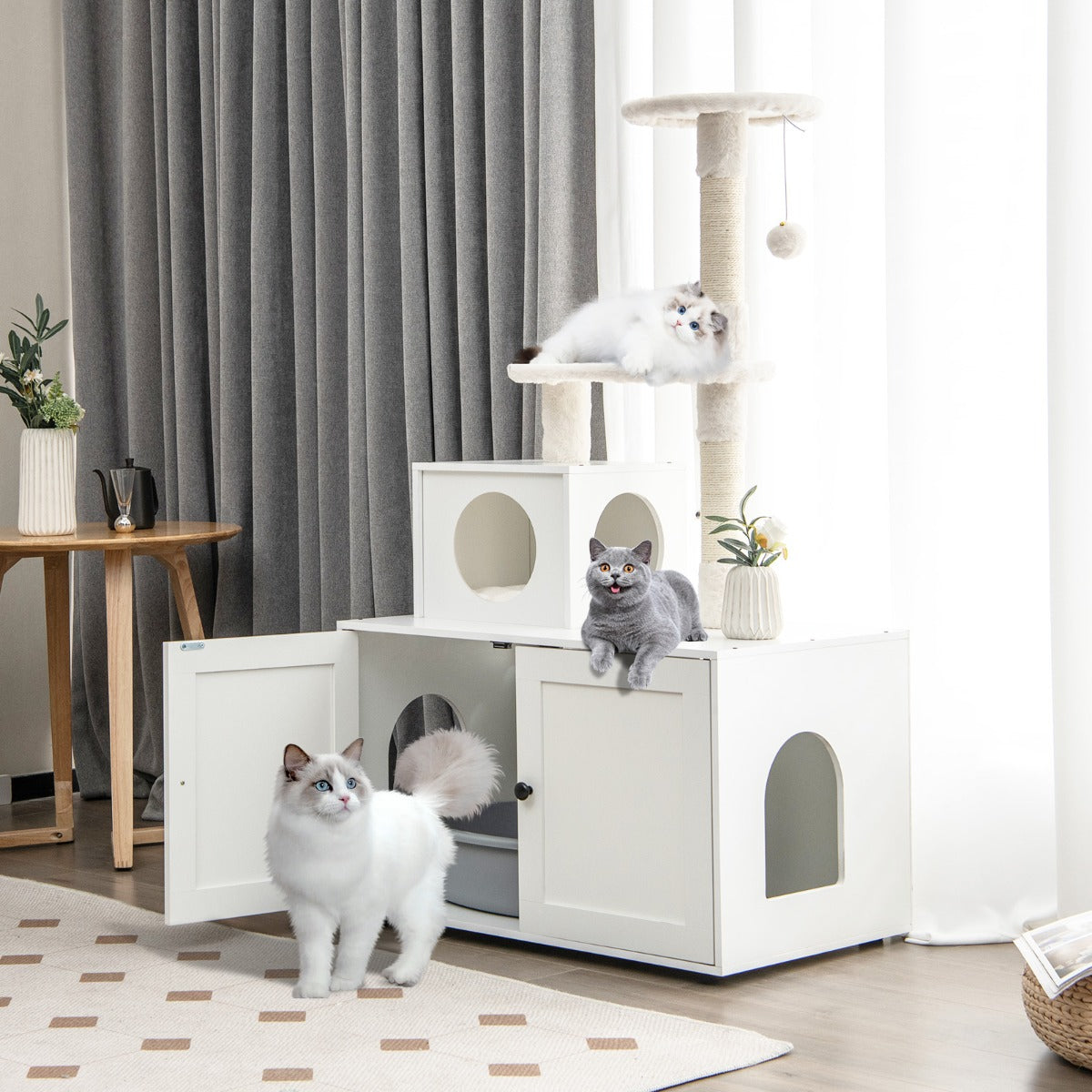 NNECW 2-in-1 Cat Tree with Litter Box Enclosure &amp;amp; Sisal Scratching Posts-White-0