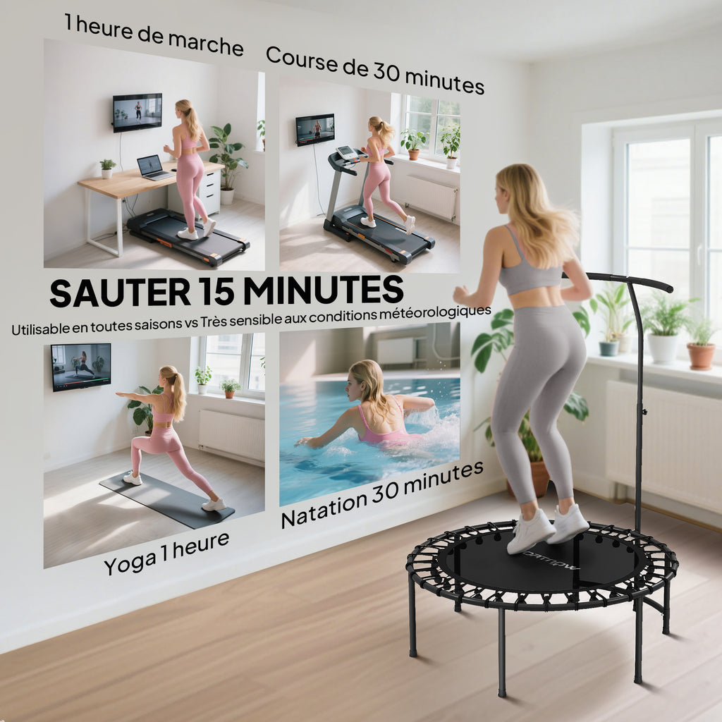 Trampoline de Fitness avec Cordes Élastiques, Poignée Réglable 5 Positions, Capacité 100 kg, Acier, Ø102x132cm, Noir