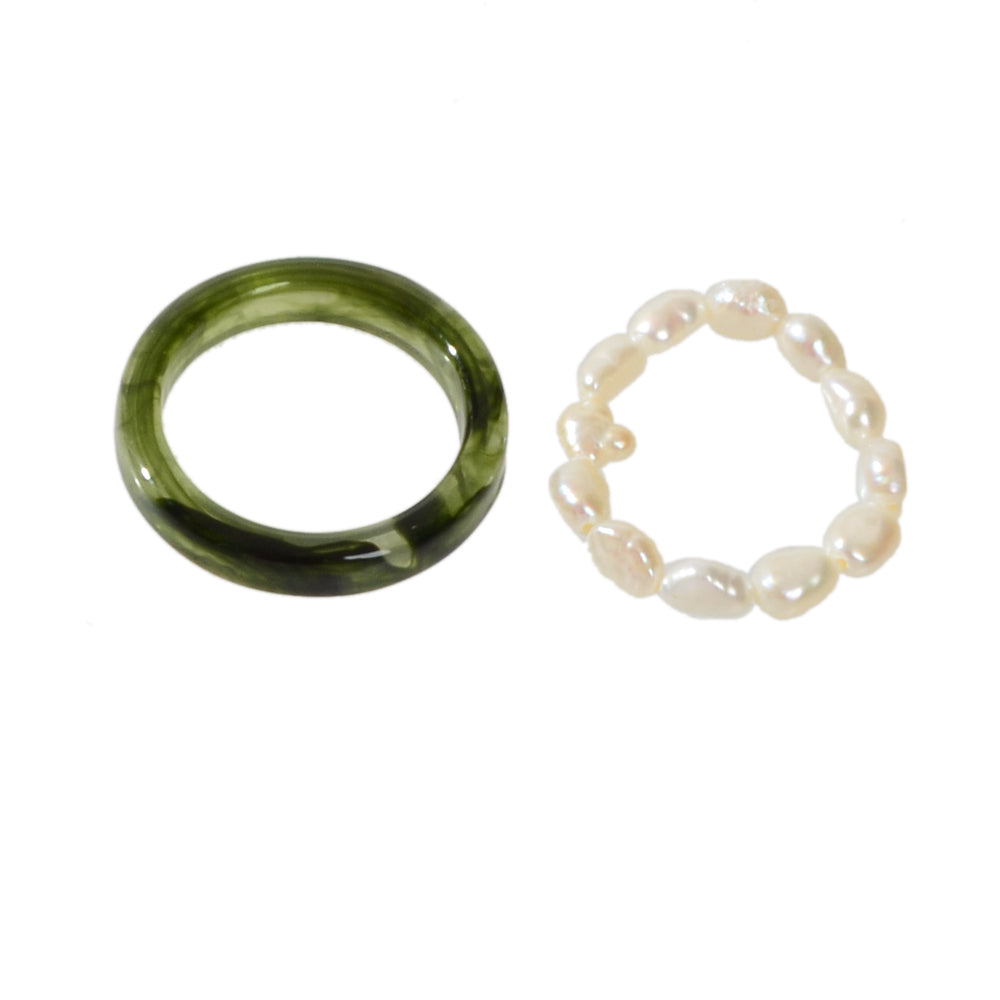 Feelontop 2pcs Pearl Elastic Retro Green Red Acrylic Ring New Women Accessories