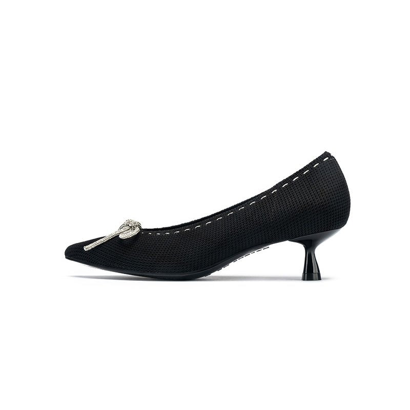 Rhinestone Bow Kitten Heels – Pointed Toe Knit Pumps-0