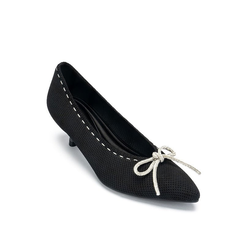 Rhinestone Bow Kitten Heels – Pointed Toe Knit Pumps-1