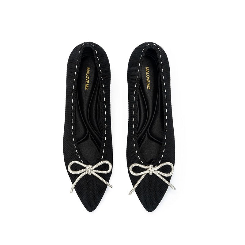 Rhinestone Bow Kitten Heels – Pointed Toe Knit Pumps-2
