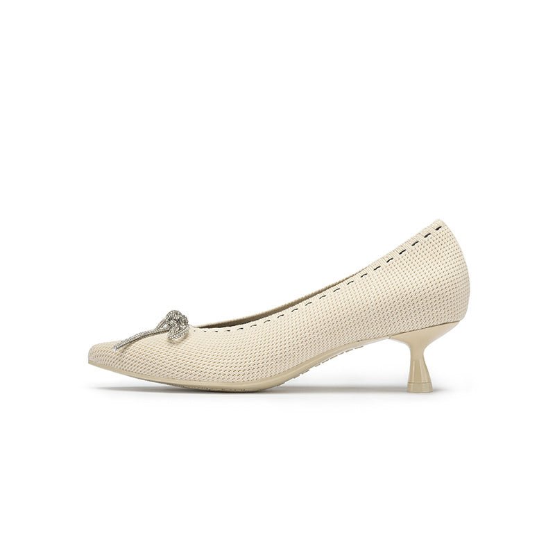 Rhinestone Bow Kitten Heels – Pointed Toe Knit Pumps-5