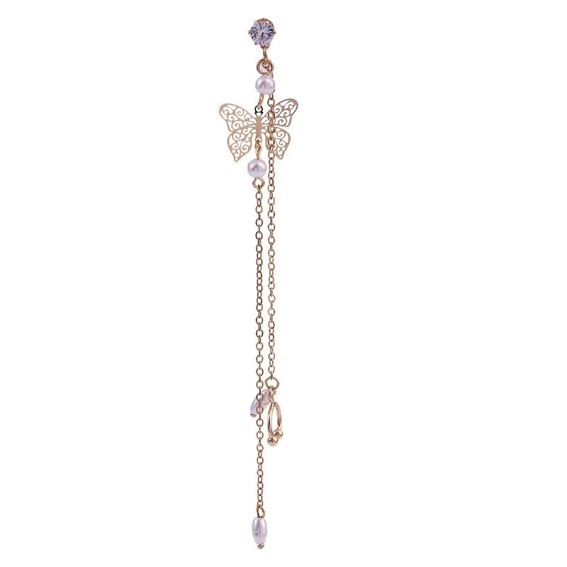 1pc Crystal Pearl Butterfly Long Chain Cartilage Stud Earring Stunning Ear Cuff-4
