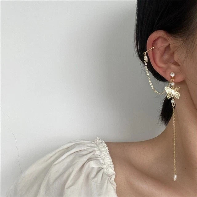 1pc Crystal Pearl Butterfly Long Chain Cartilage Stud Earring Stunning Ear Cuff-3