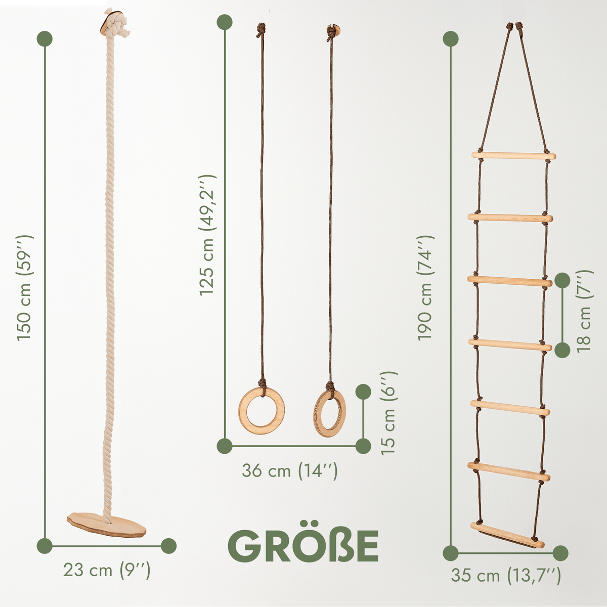 Set aus drei Schaukeln: Scheibe + Ringe + Strickleiter-1