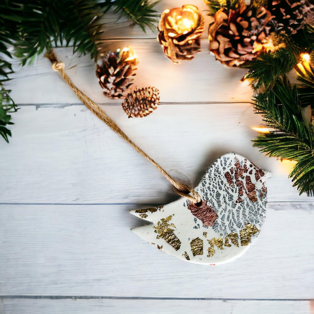 White Christmas Ornament Gift Set of 3, Gold Silver Copper Foil Flakes-1