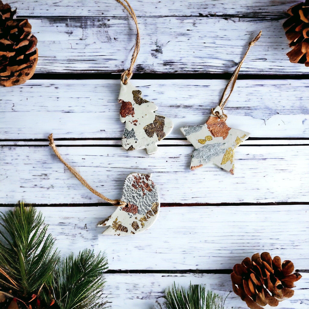 White Christmas Ornament Gift Set of 3, Gold Silver Copper Foil Flakes-0