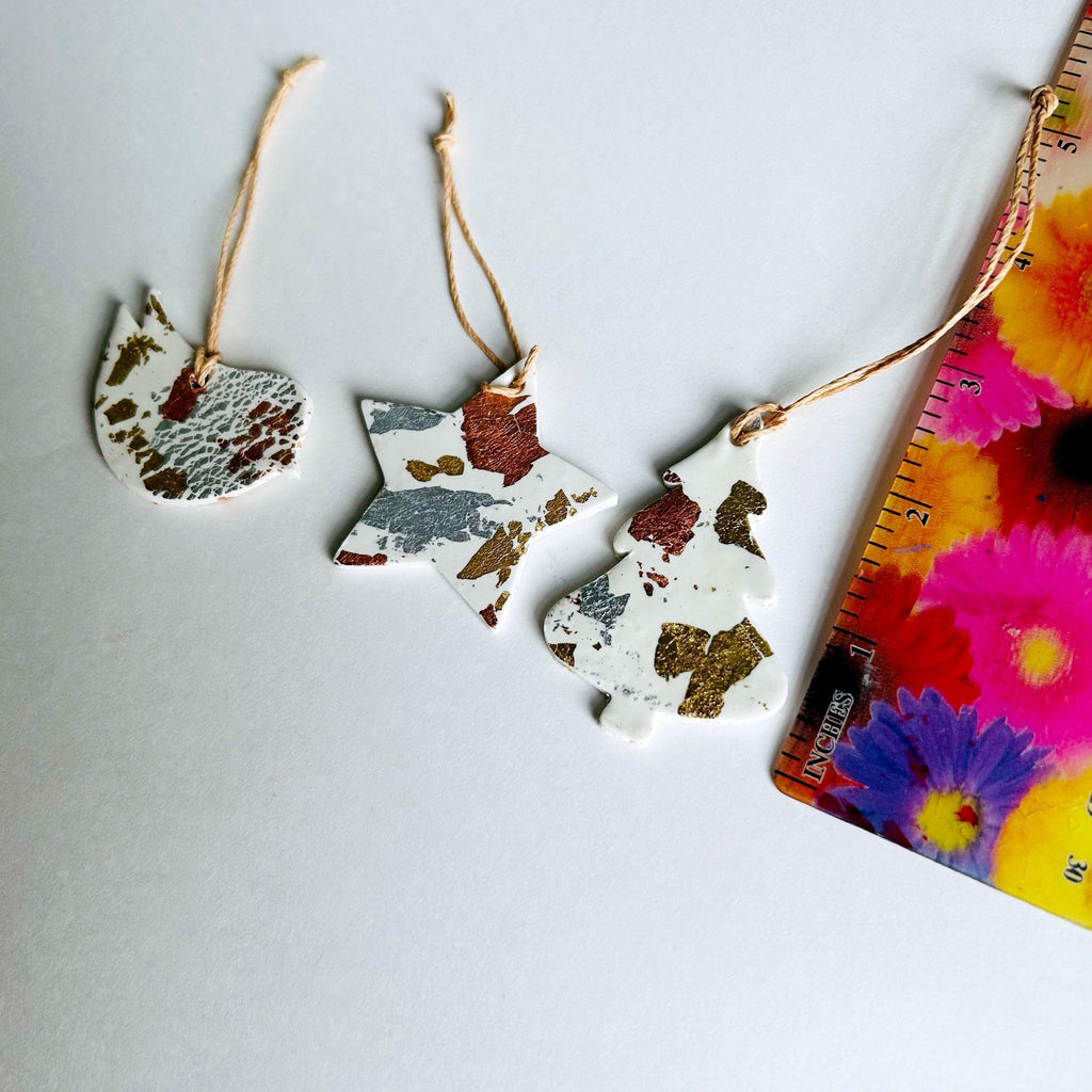 White Christmas Ornament Gift Set of 3, Gold Silver Copper Foil Flakes-4