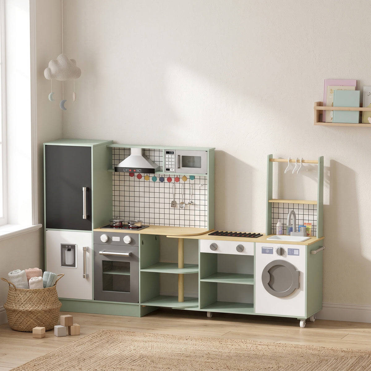 Cuisine Enfant Jouet d'Imitation, Micro-Ondes, Four, Plateau Rotatif sur Roulettes, 160x32x97,5cm, Vert Clair