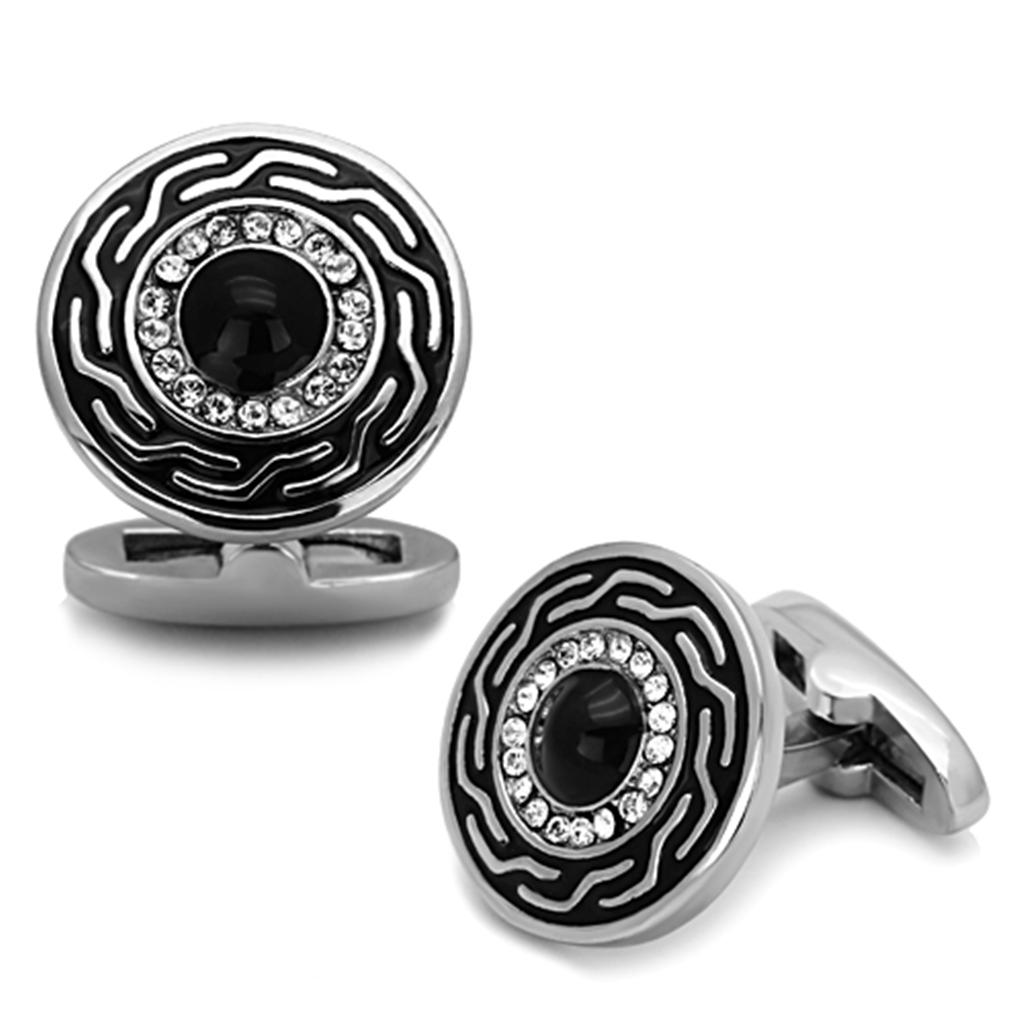 TK1264 - High polished (no plating) Stainless Steel Cufflink with Top Grade Crystal  in Clear-0