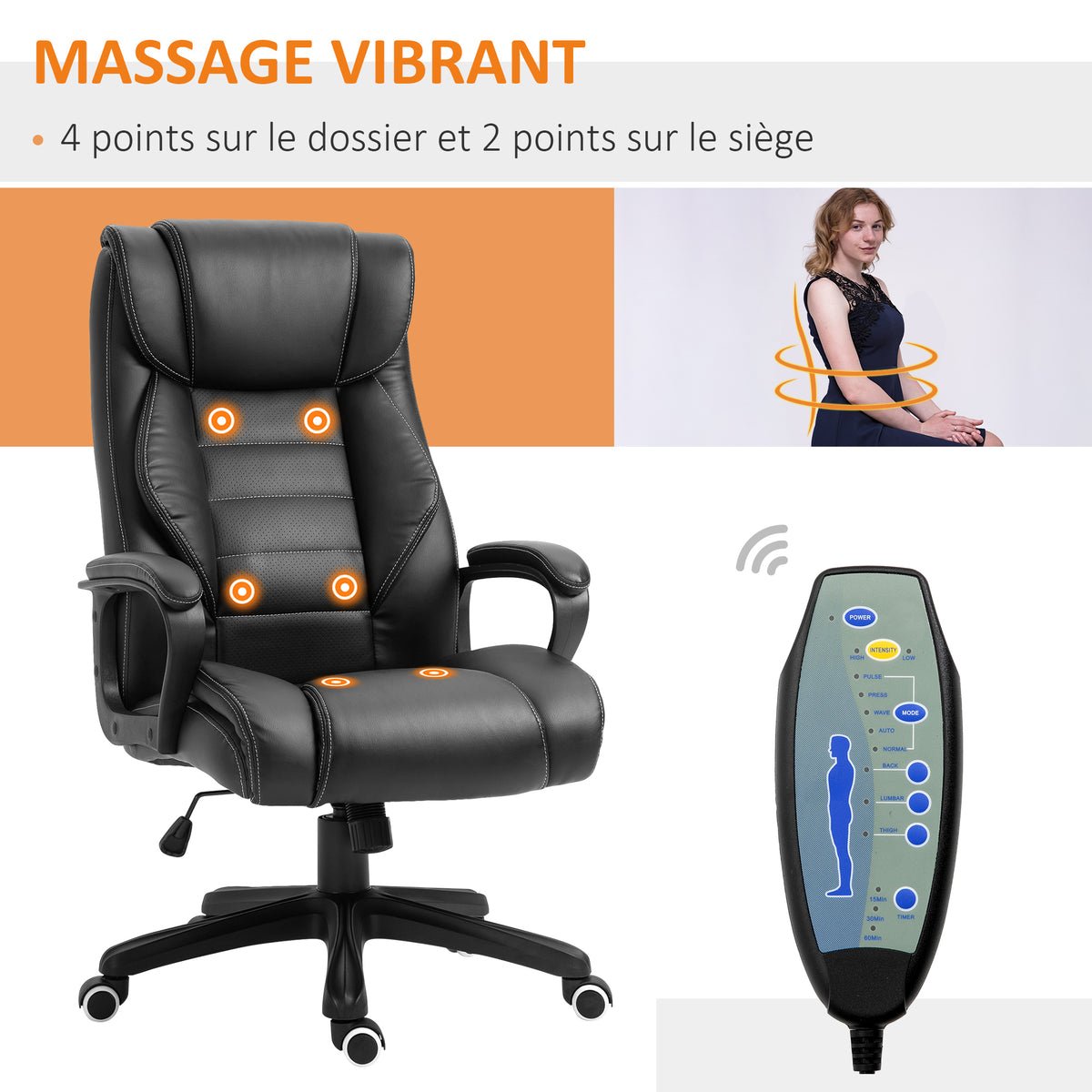 Fauteuil de bureau massant  fauteuil bureau ergonomique grand confort hauteur réglable fonction dossier à bascule revêtement synthétique noir