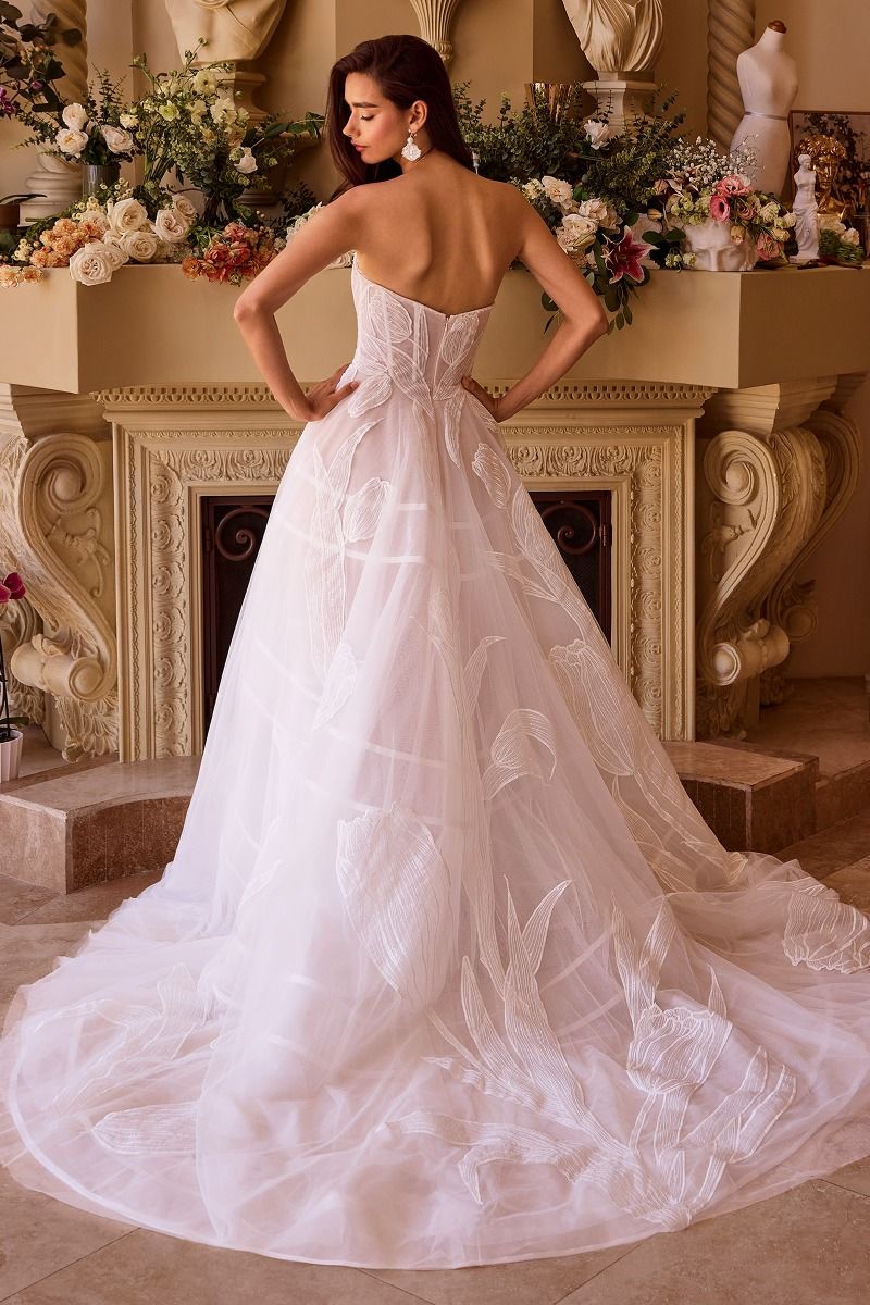 Strapless Floral Lace Embellihsed Off White Wedding Tulle Gown w/ Strapless Design CDWL043