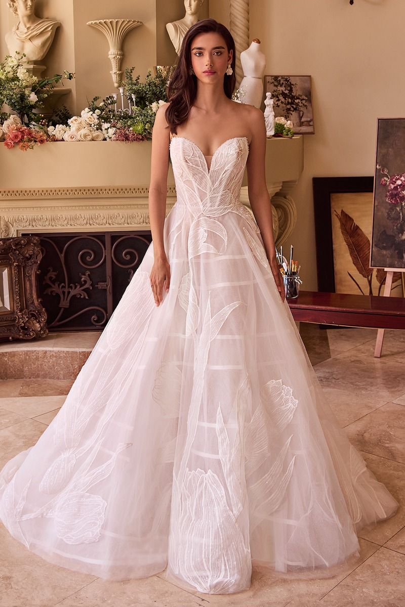 Strapless Floral Lace Embellihsed Off White Wedding Tulle Gown w/ Strapless Design CDWL043