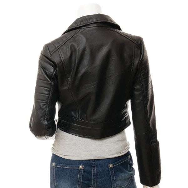 WOMENS BLACK LEATHER BIKER JACKET ANGELICA - L