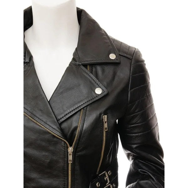 WOMENS BLACK LEATHER BIKER JACKET ANGELICA - S