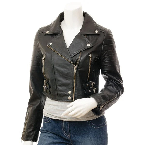 WOMENS BLACK LEATHER BIKER JACKET ANGELICA