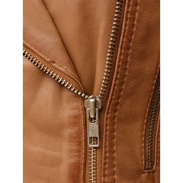 WOMENS TAN LEATHER BIKER JACKET COCOA - L