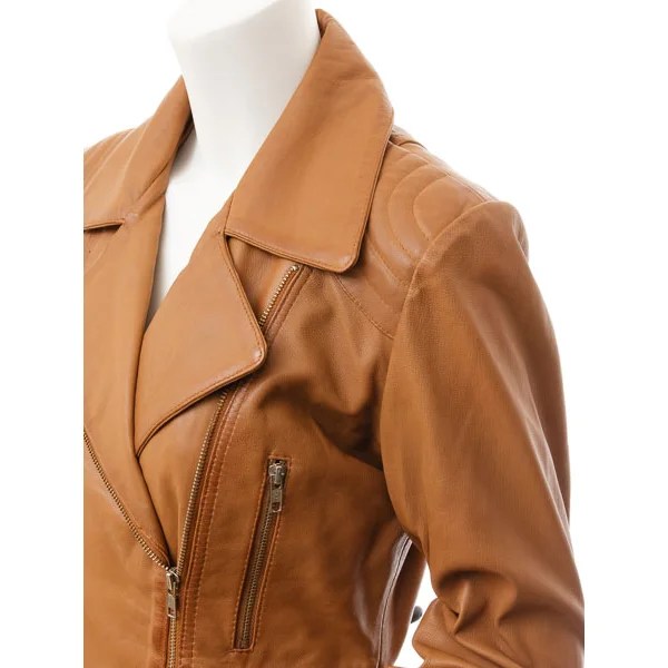 WOMENS TAN LEATHER BIKER JACKET COCOA - M