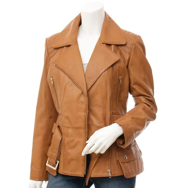 WOMENS TAN LEATHER BIKER JACKET COCOA - S